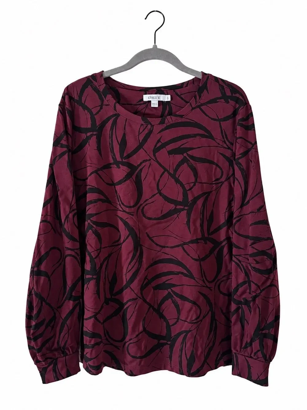 Chico’s Size 3 XL Burgundy Black Abstract Print Long Sleeve Knit Top Stretch - Picture 1 of 10